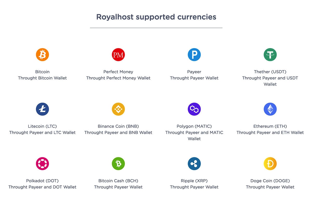 Royalhost Supported Cryptocurrencies