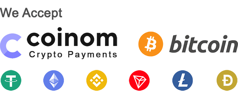 Crypto payment methods including Coinom, Bitcoin, Tether, Ethereum, Litecoin, Binance Coin, Dogecoin and Tron